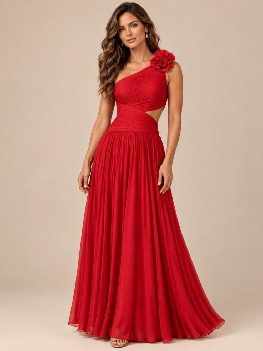 Ruby Red One Shoulder Flower Cut-Out Pleated Maxi Dress